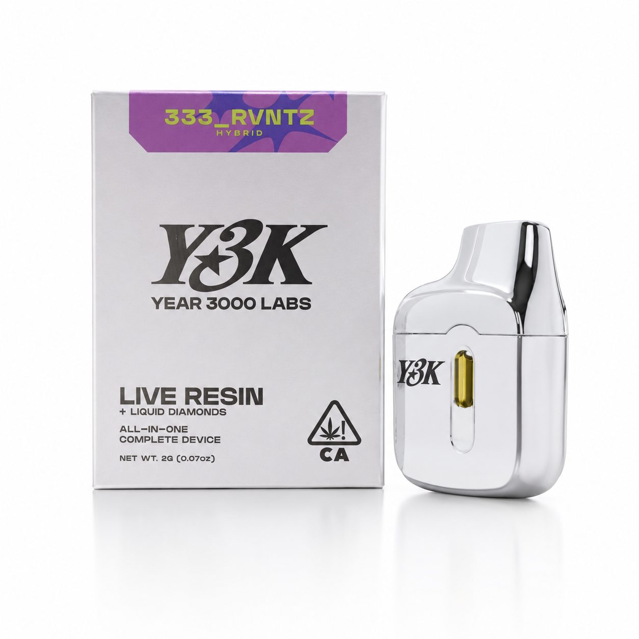 Y3K Live Resin Liquid Diamonds 2g all-in-one disposable vape in 333_RVNTS flavor from Cali Canna
