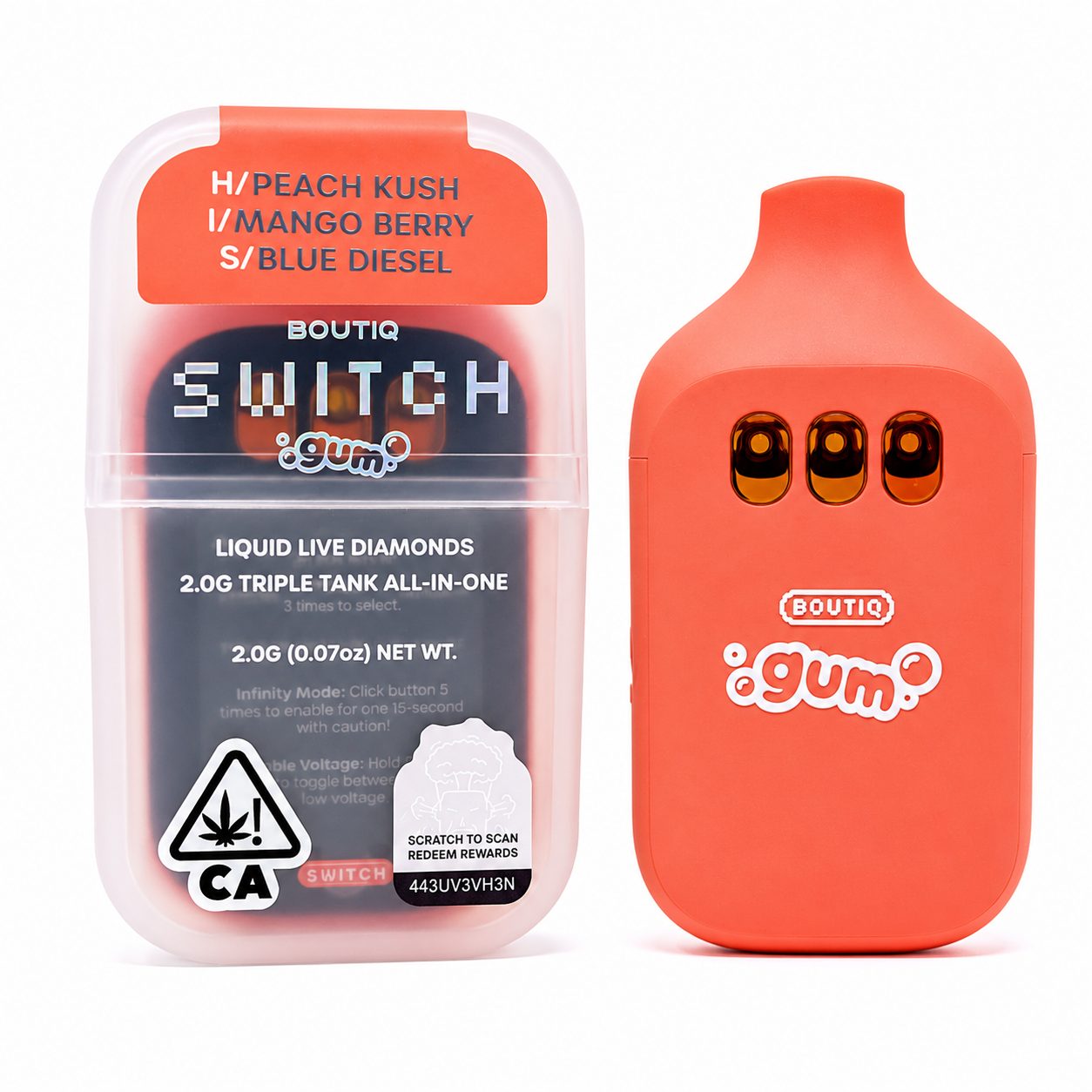 Boutiq Switch GUM (2g) - Peach Kush x Mango Berry x Blue Diesel